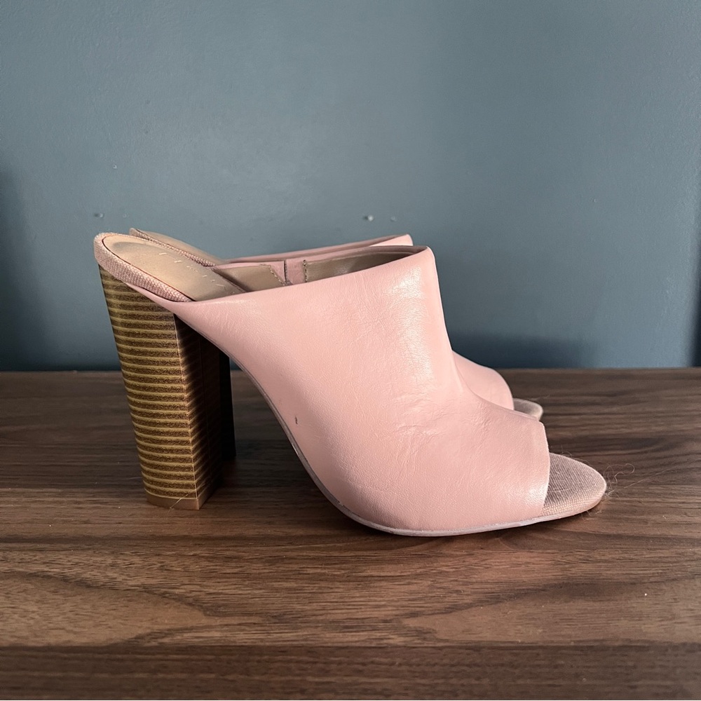 H by Halston Kendra Open-Toe Leather Mules with Stacked Heel